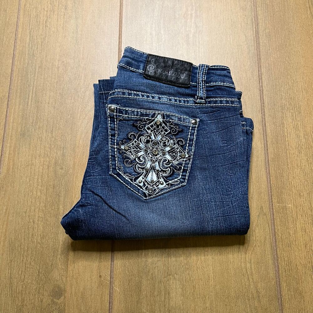 Soundgirl Y2K Rhinestone Cross Bootcut Jeans Low Rise Womens 29x30 Blue - Picture 11 of 12
